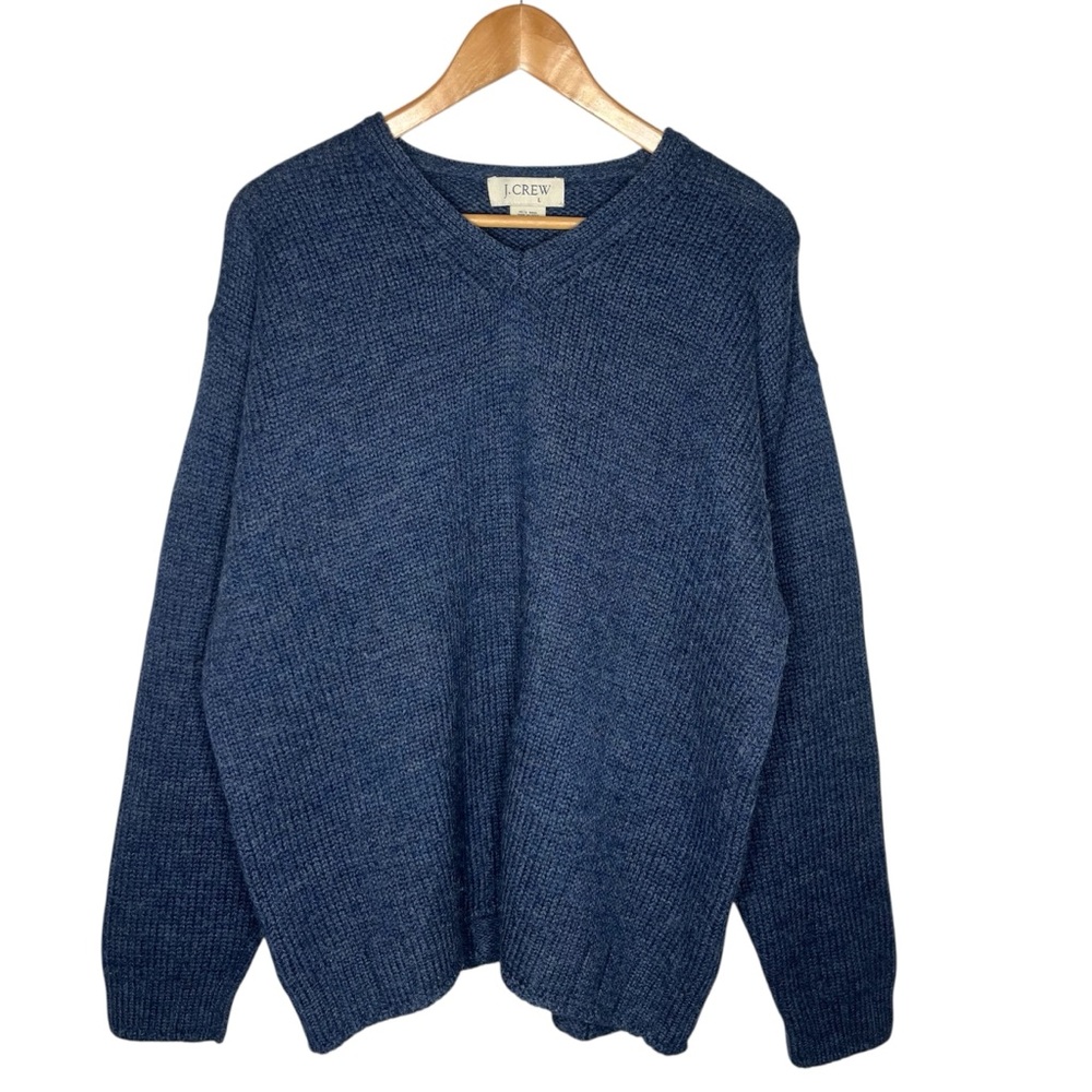Vintage J Crew Men’s Blue V Neck Oversized Wool Knit Sweater Fisherman